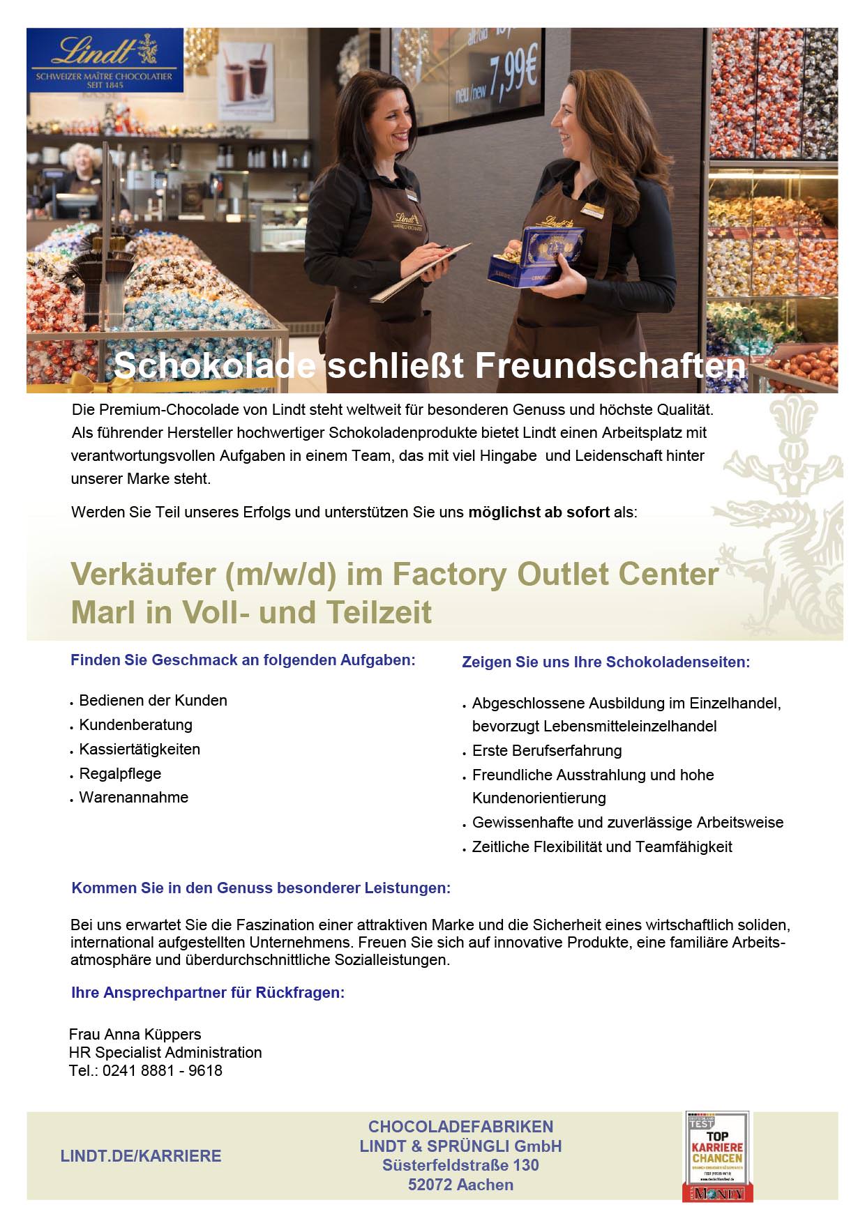 Werden Sie Teil unseres Erfolgs und unterstützen Sie uns möglichst ab sofort als Shopleiter(m/w/d) des Lindt Shops im Factory Outlet Center Marl